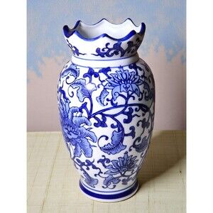 Vintage Seymour Mann China Blue Porcelain Vase Blue & White Floral Scalloped Rim